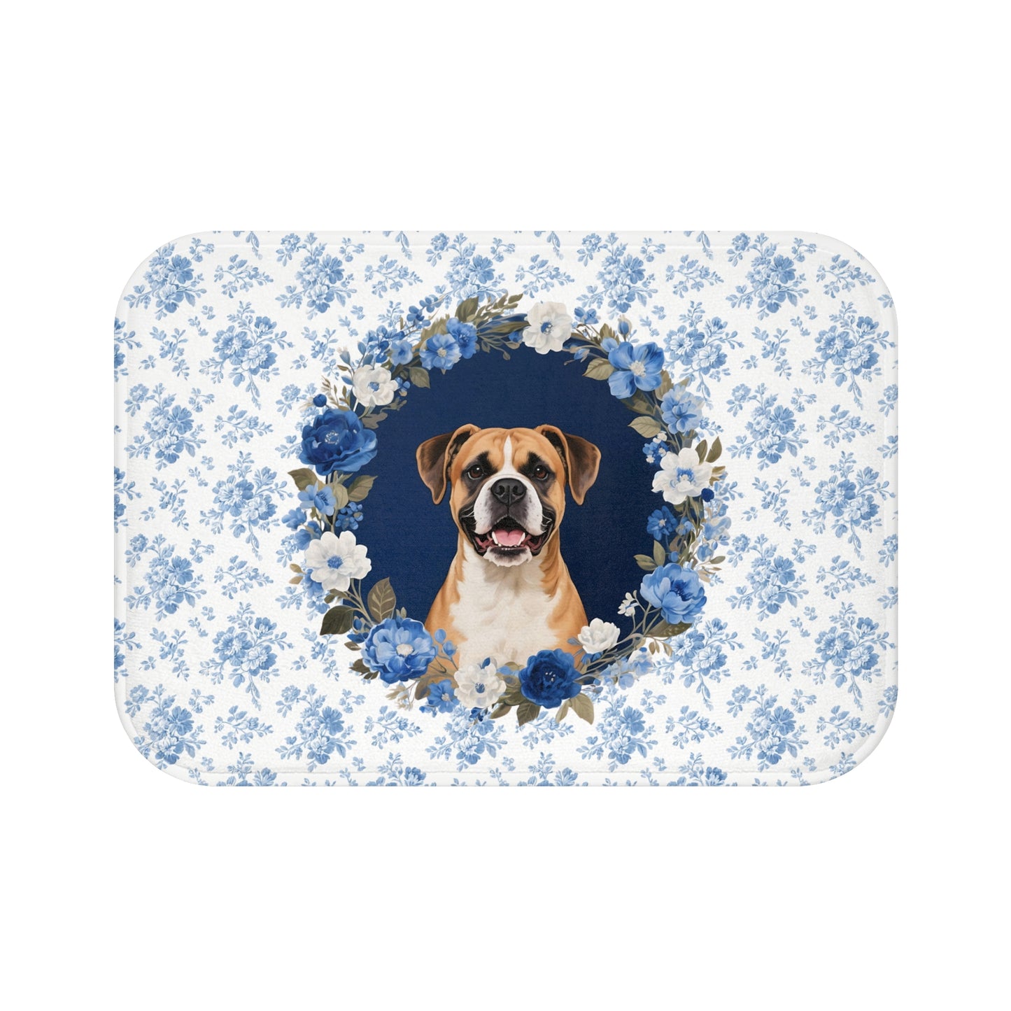 Blue Floral Boxer Bath Mat – Cute Boxer Dog Bathroom Rug