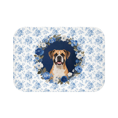 Blue Floral Boxer Bath Mat – Cute Boxer Dog Bathroom Rug