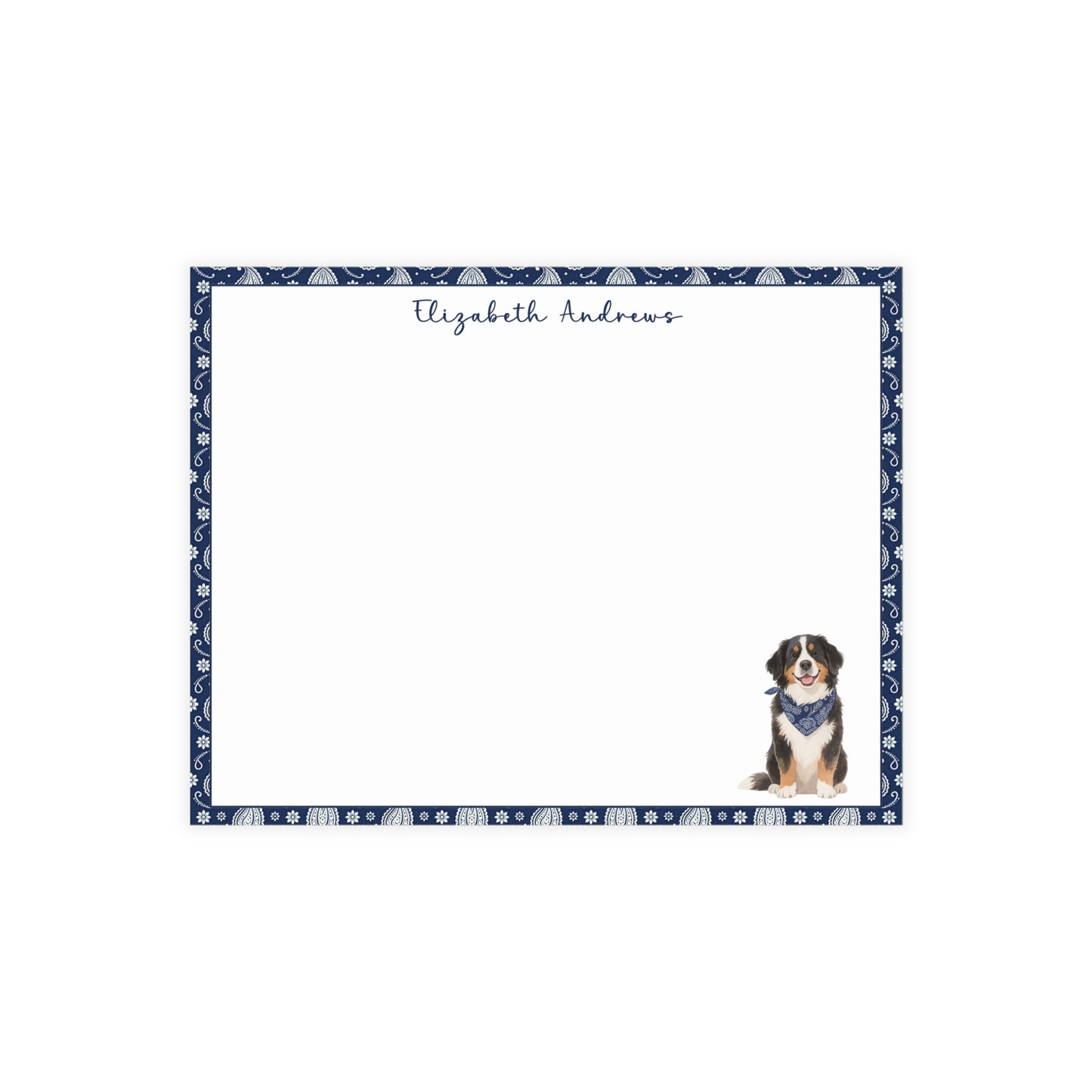 Personalized Bernese Mountain Dog Navy Blue Paisley Notecard Set