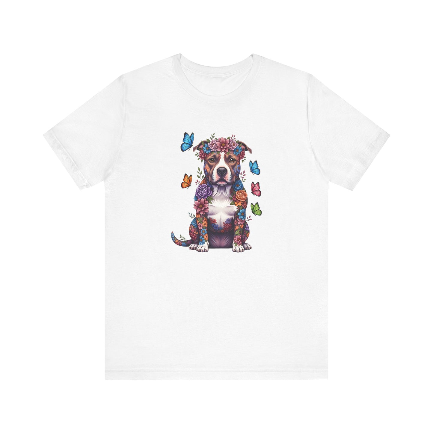 Whimsical Floral Pitbull Tee – Colorful Dog Lover Shirt with Butterflies