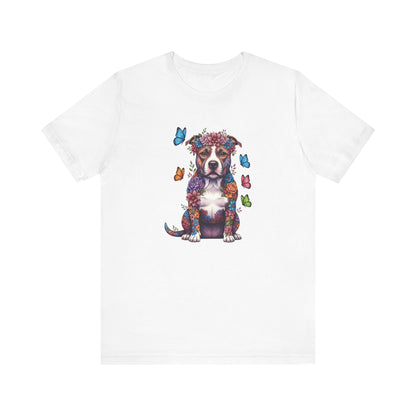 Whimsical Floral Pitbull Tee – Colorful Dog Lover Shirt with Butterflies