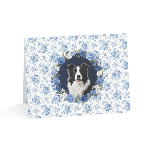 Border Collie Dog Blue Floral Greeting Card Set