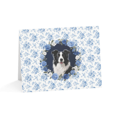 Border Collie Dog Blue Floral Greeting Card Set