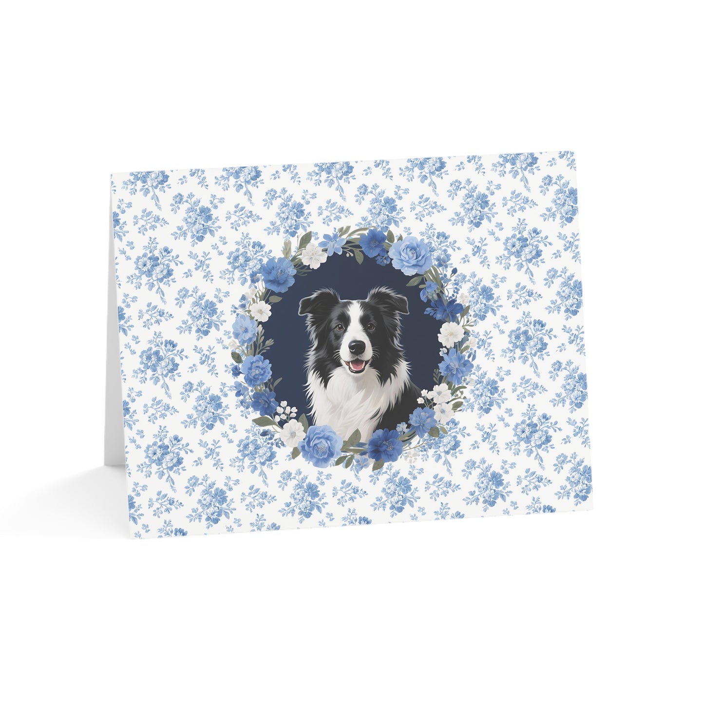 Border Collie Dog Blue Floral Greeting Card Set