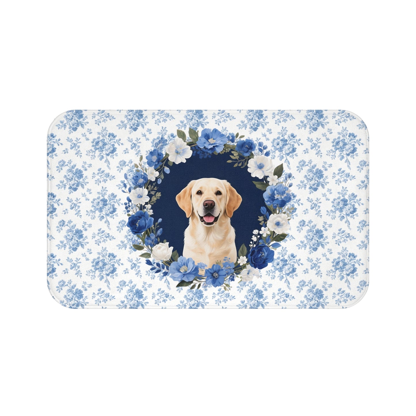 Blue Floral Lab Bath Mat – Cute Labrador Retriever Dog Bathroom Rug