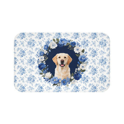 Blue Floral Lab Bath Mat – Cute Labrador Retriever Dog Bathroom Rug