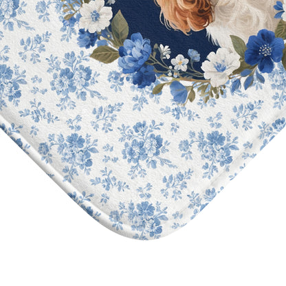 Blue Floral Cavalier Bath Mat – Cute Cavalier King Charles Spaniel Dog Bathroom Rug