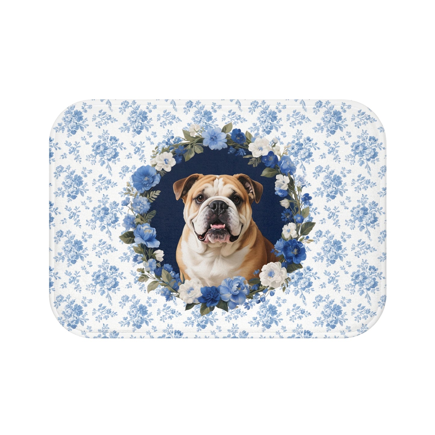 Blue Floral Bulldog Bath Mat – Cute English Bulldog Bathroom Rug
