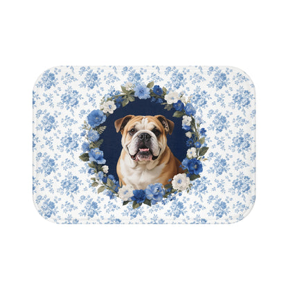 Blue Floral Bulldog Bath Mat – Cute English Bulldog Bathroom Rug
