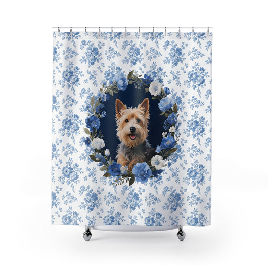 Cairn Terrier Dog Blue Floral Shower Curtain – Dog Portrait Bath Decor