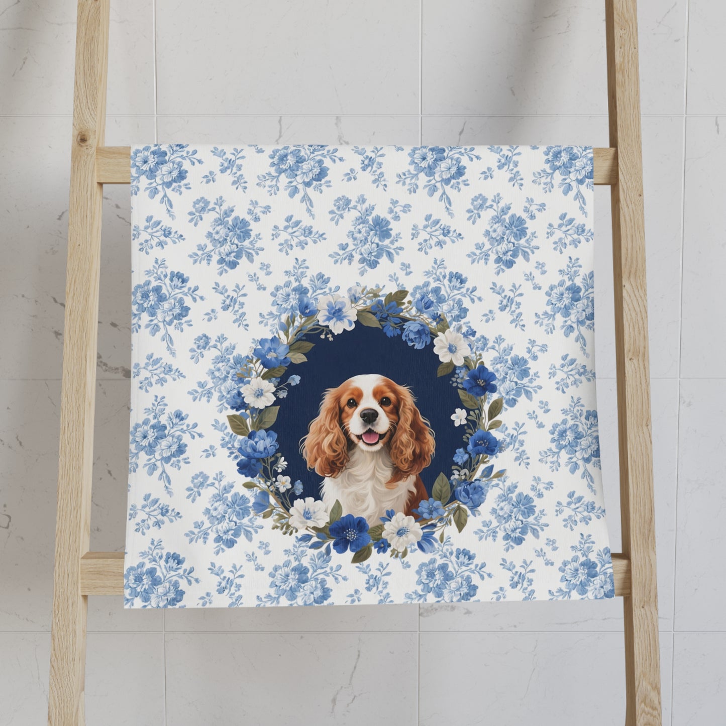 Blue Floral Cavalier King Charles Spaniel Dog Portrait Hand Towel – Cute Pet Bathroom Accessory