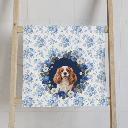 Blue Floral Cavalier King Charles Spaniel Dog Portrait Hand Towel – Cute Pet Bathroom Accessory