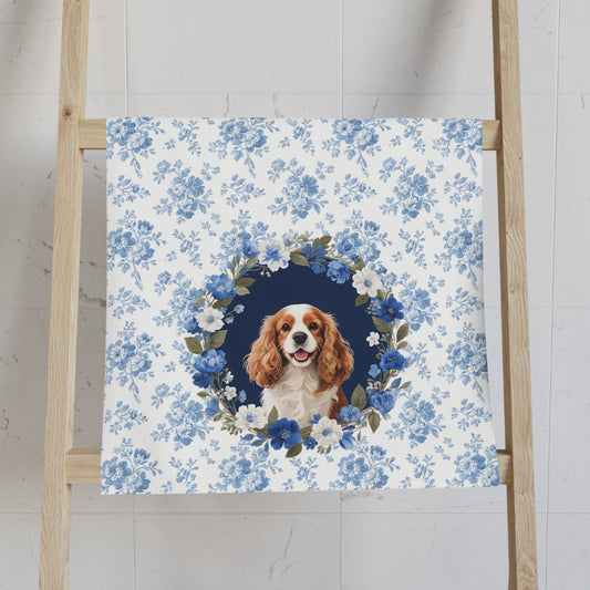 Blue Floral Cavalier King Charles Spaniel Dog Portrait Hand Towel – Cute Pet Bathroom Accessory