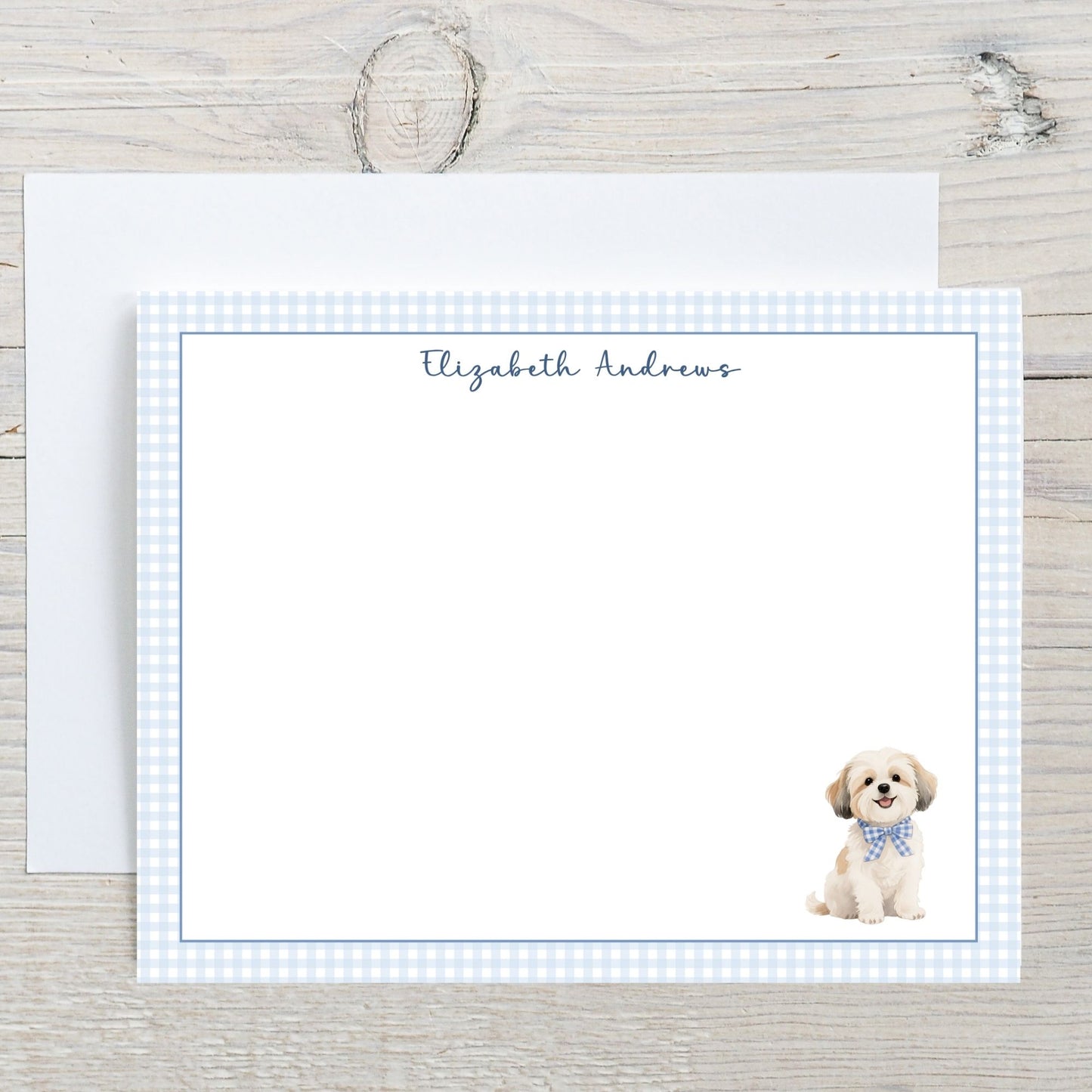 Havanese Dog Blue Gingham Personalized Notecard Set