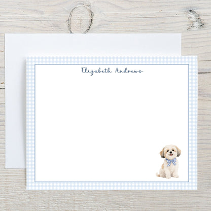 Havanese Dog Blue Gingham Personalized Notecard Set