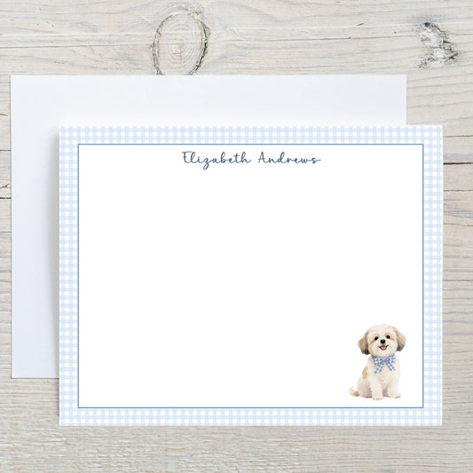 Havanese Dog Blue Gingham Personalized Notecard Set