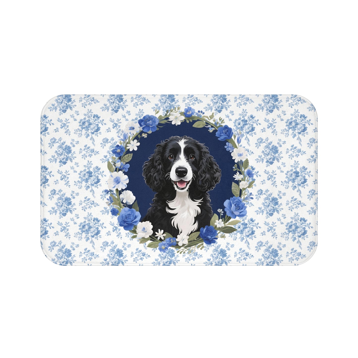Blue Floral Portie Bath Mat – Cute Portuguese Water Dog Bathroom Rug