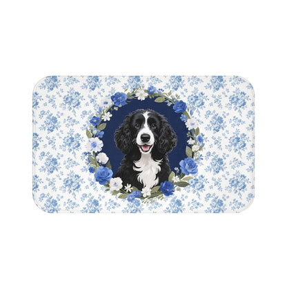 Blue Floral Portie Bath Mat – Cute Portuguese Water Dog Bathroom Rug
