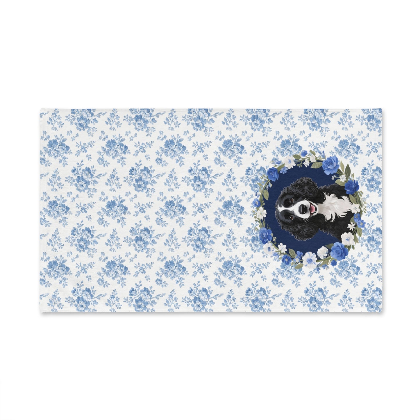 Blue Floral Portuguese Water Dog Portrait Hand Towel – Cute Pet Bathroom Accessory