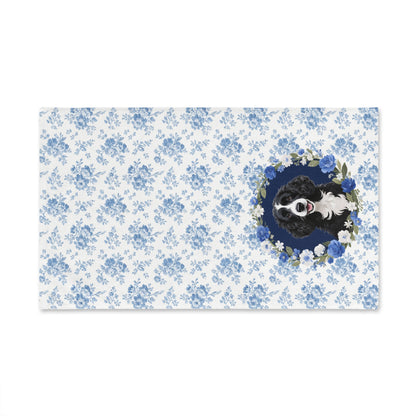 Blue Floral Portuguese Water Dog Portrait Hand Towel – Cute Pet Bathroom Accessory
