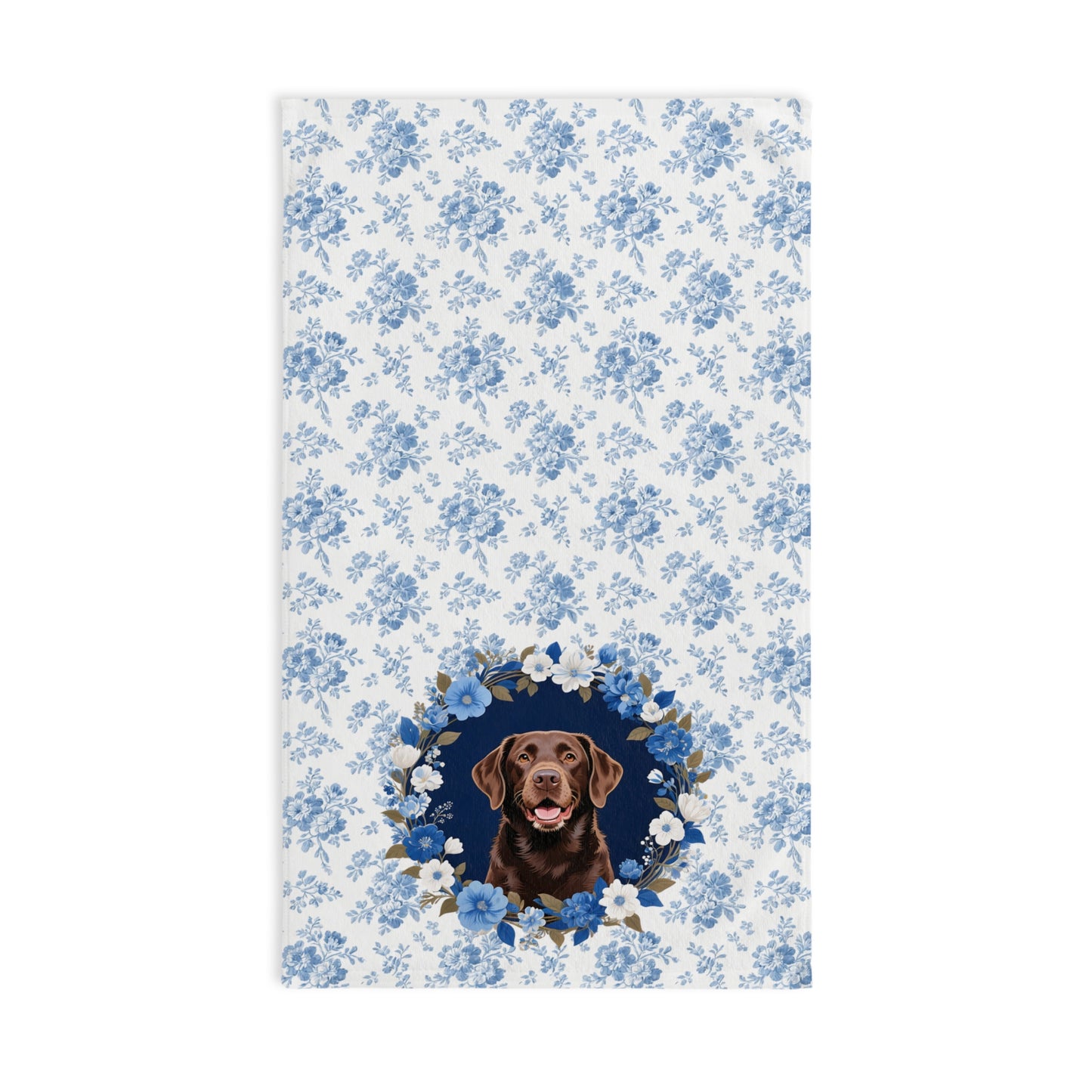 Blue Floral Chocolate Labrador Retriever Dog Portrait Hand Towel – Cute Pet Bathroom Accessory