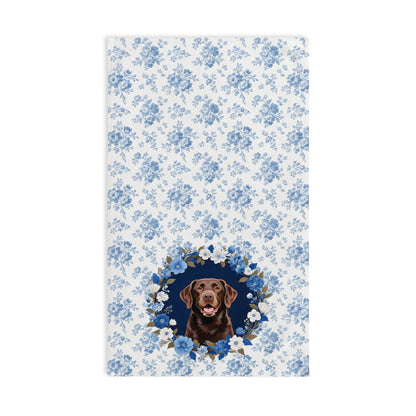 Blue Floral Chocolate Labrador Retriever Dog Portrait Hand Towel – Cute Pet Bathroom Accessory