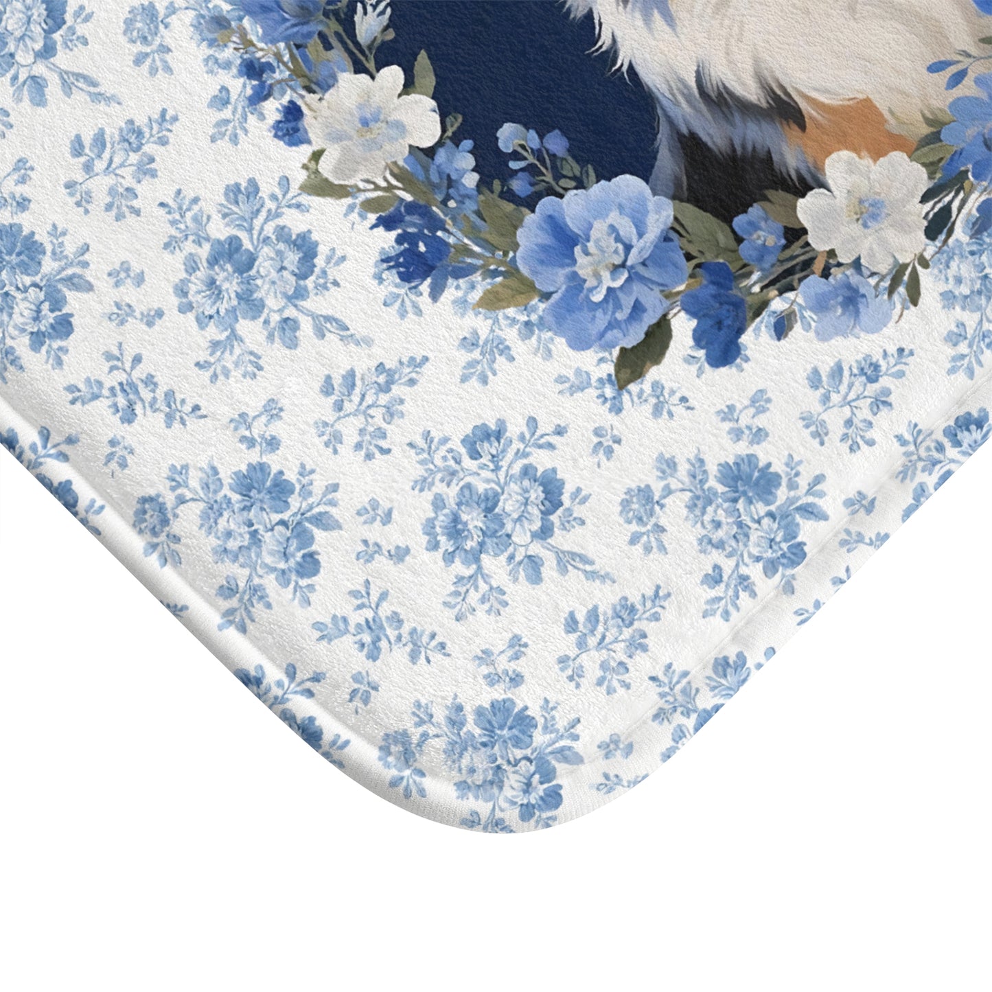 Blue Floral Aussie Bath Mat – Cute Australian Shepherd Dog Bathroom Rug