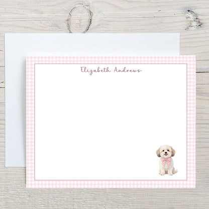 Havanese Dog Pink Gingham Personalized Notecard Set