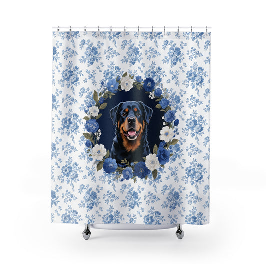 Rottweiler Dog Blue Floral Shower Curtain – Dog Portrait Bath Decor