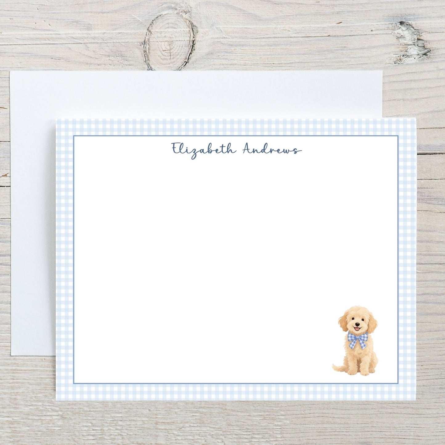 Goldendoodle Dog Blue Gingham Personalized Notecard Set