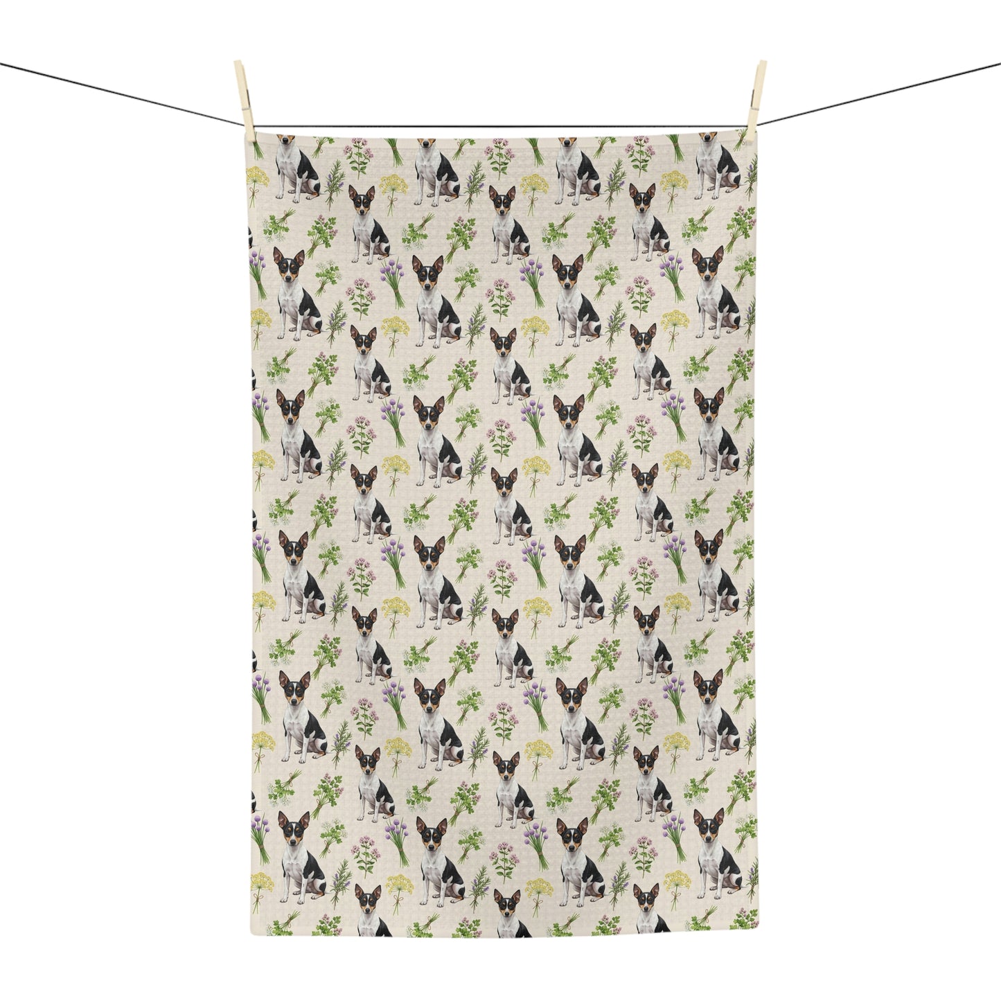 Rat Terrier Dog & Herbs Tea Towel - Floral Dog Kitchen Towel