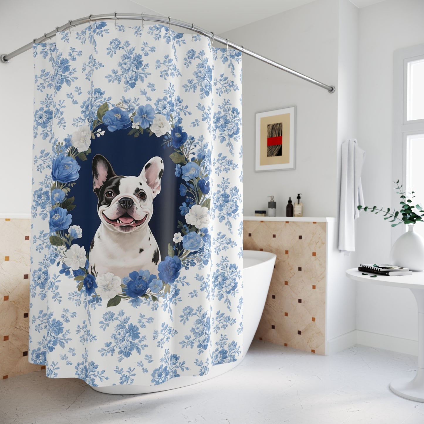 Pied French Bulldog Dog Blue Floral Shower Curtain – Dog Portrait Bath Decor