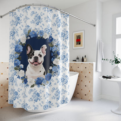 Pied French Bulldog Dog Blue Floral Shower Curtain – Dog Portrait Bath Decor