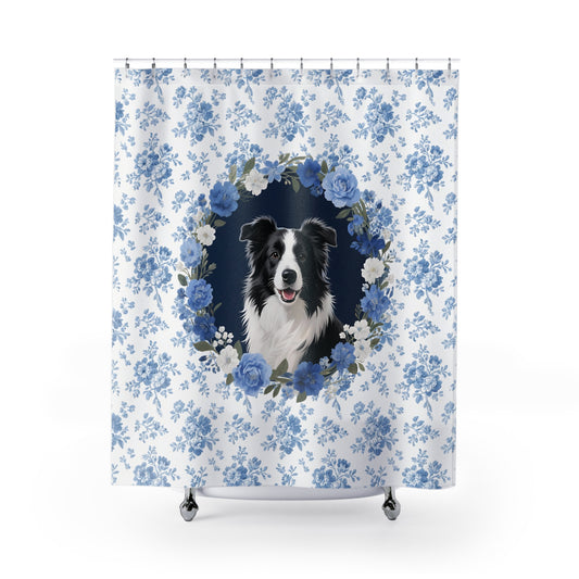 Border Collie Dog Blue Floral Shower Curtain – Dog Portrait Bath Decor