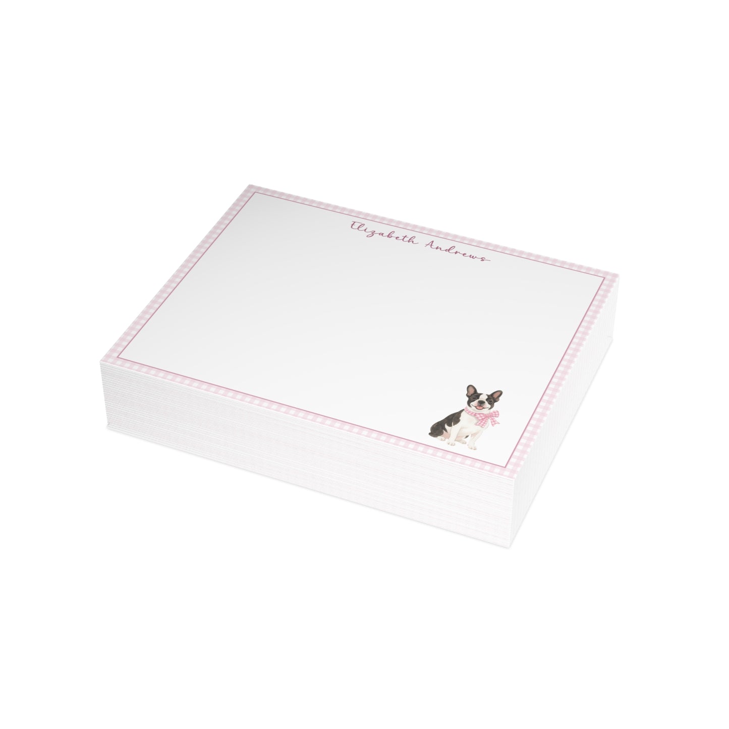Boston Terrier Dog Pink Gingham Personalized Notecard Set