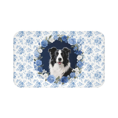 Blue Floral Collie Bath Mat – Cute Border Collie Dog Bathroom Rug