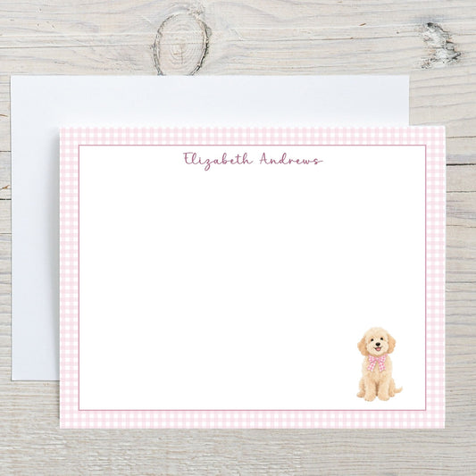 Goldendoodle Dog Pink Gingham Personalized Notecard Set