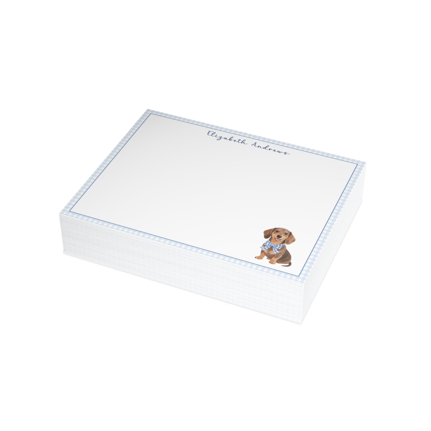 Dachshund Dog Blue Gingham Personalized Notecard Set
