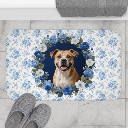 Blue Floral Pitbull Bath Mat – Cute Pitbull Dog Bathroom Rug