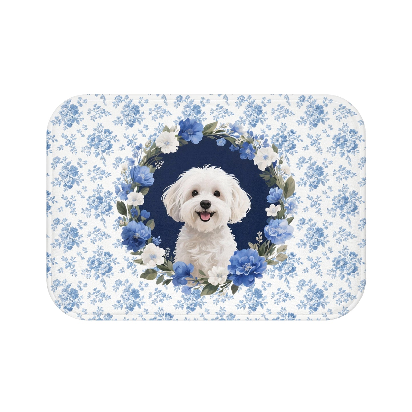 Blue Floral Maltese Bath Mat – Cute Maltese Dog Bathroom Rug