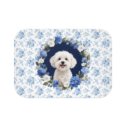 Blue Floral Maltese Bath Mat – Cute Maltese Dog Bathroom Rug