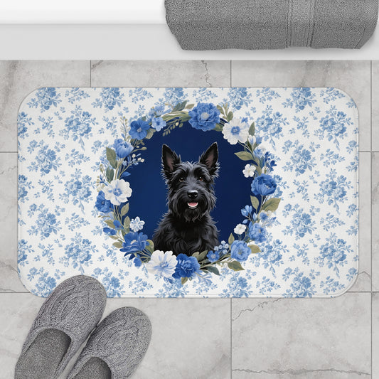 Blue Floral Scottie Bath Mat – Cute Scottish Terrier Dog Bathroom Rug