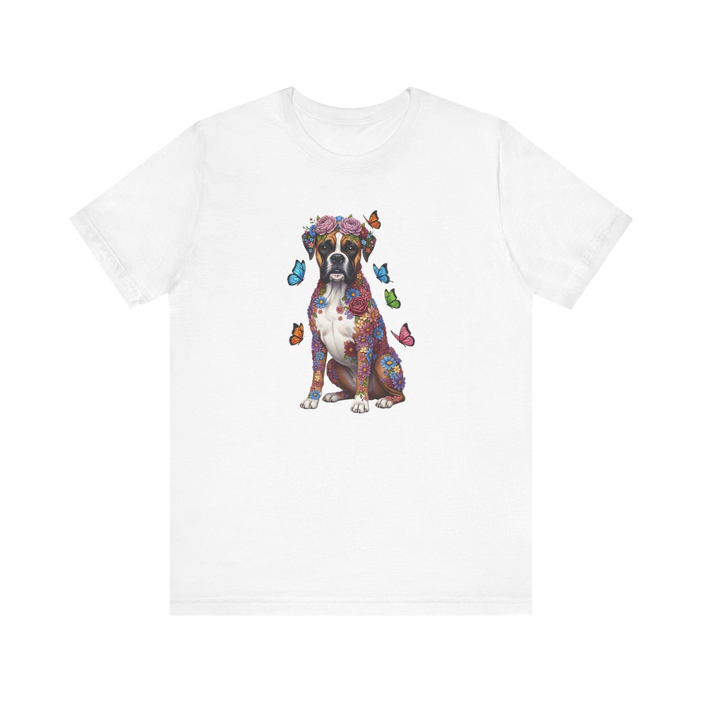 Whimsical Floral Boxer Tee – Colorful Dog Lover Shirt with Butterflies
