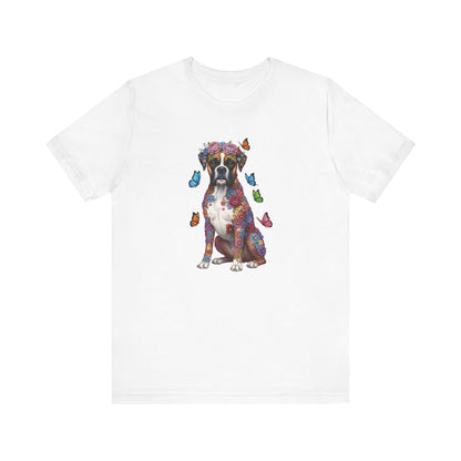 Whimsical Floral Boxer Tee – Colorful Dog Lover Shirt with Butterflies