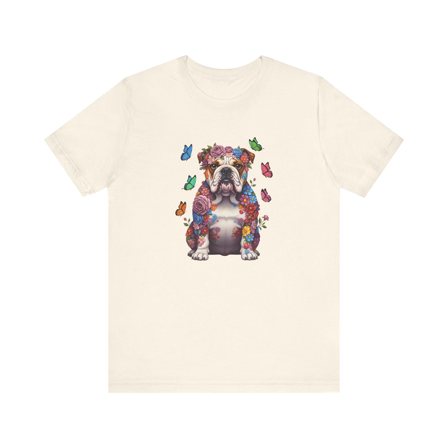 Whimsical Floral English Bulldog Tee – Colorful Dog Lover Shirt with Butterflies