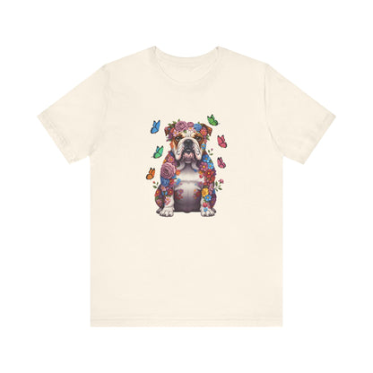 Whimsical Floral English Bulldog Tee – Colorful Dog Lover Shirt with Butterflies