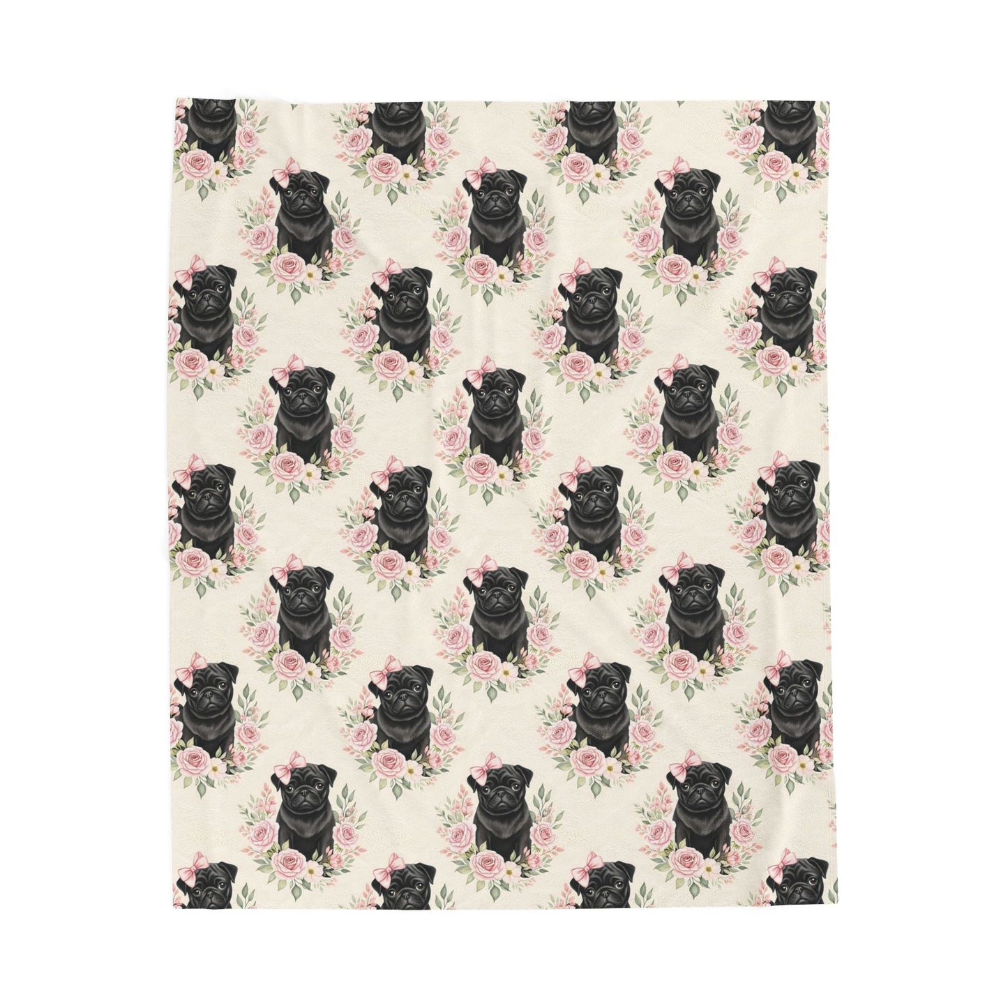Black Pug Dog Pink Bows and Roses Baby Blanket