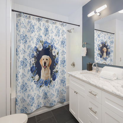 Labrador Retriever Dog Blue Floral Shower Curtain – Dog Portrait Bath Decor
