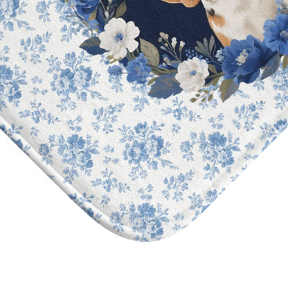 Blue Floral Beagle Bath Mat – Cute Beagle Dog Bathroom Rug