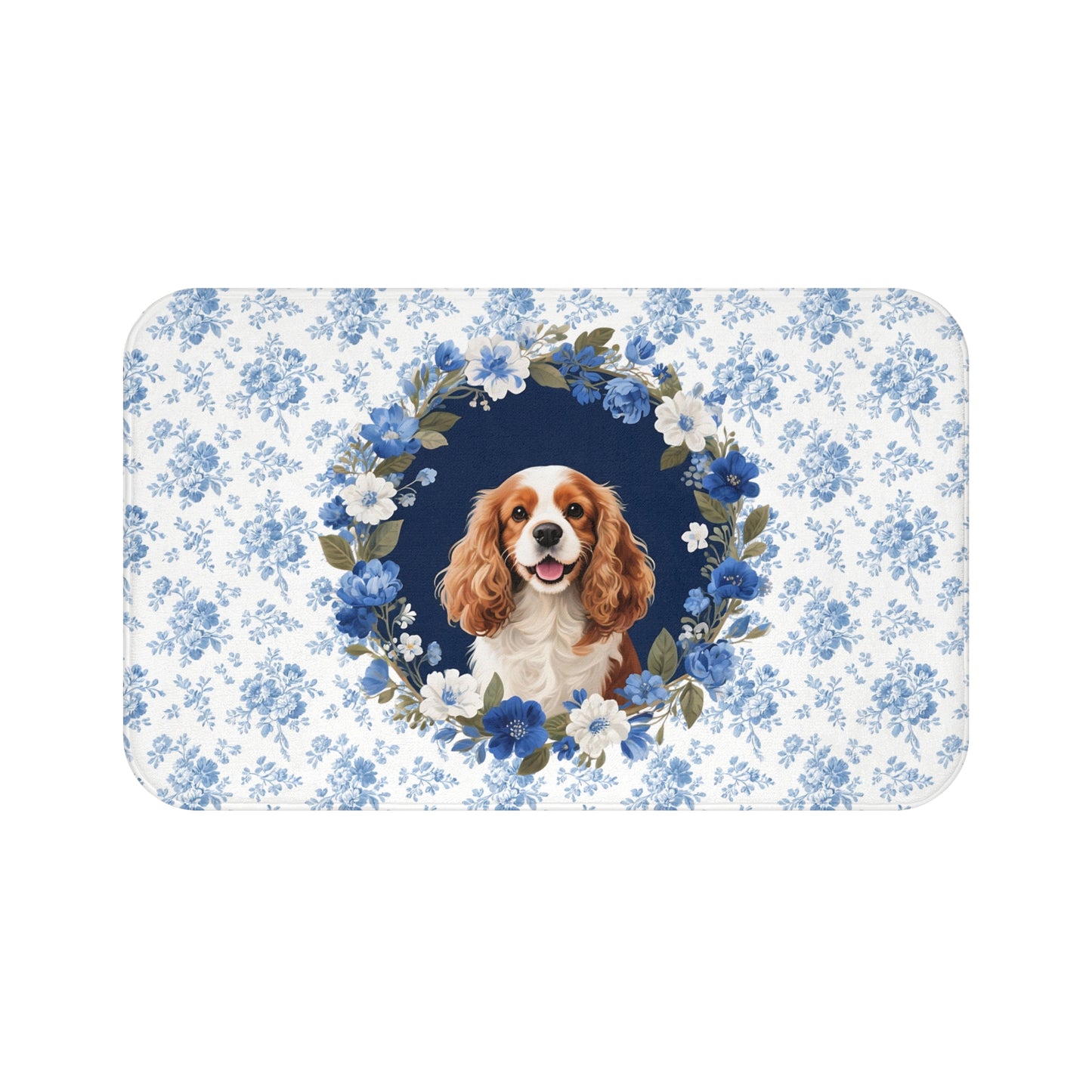 Blue Floral Cavalier Bath Mat – Cute Cavalier King Charles Spaniel Dog Bathroom Rug